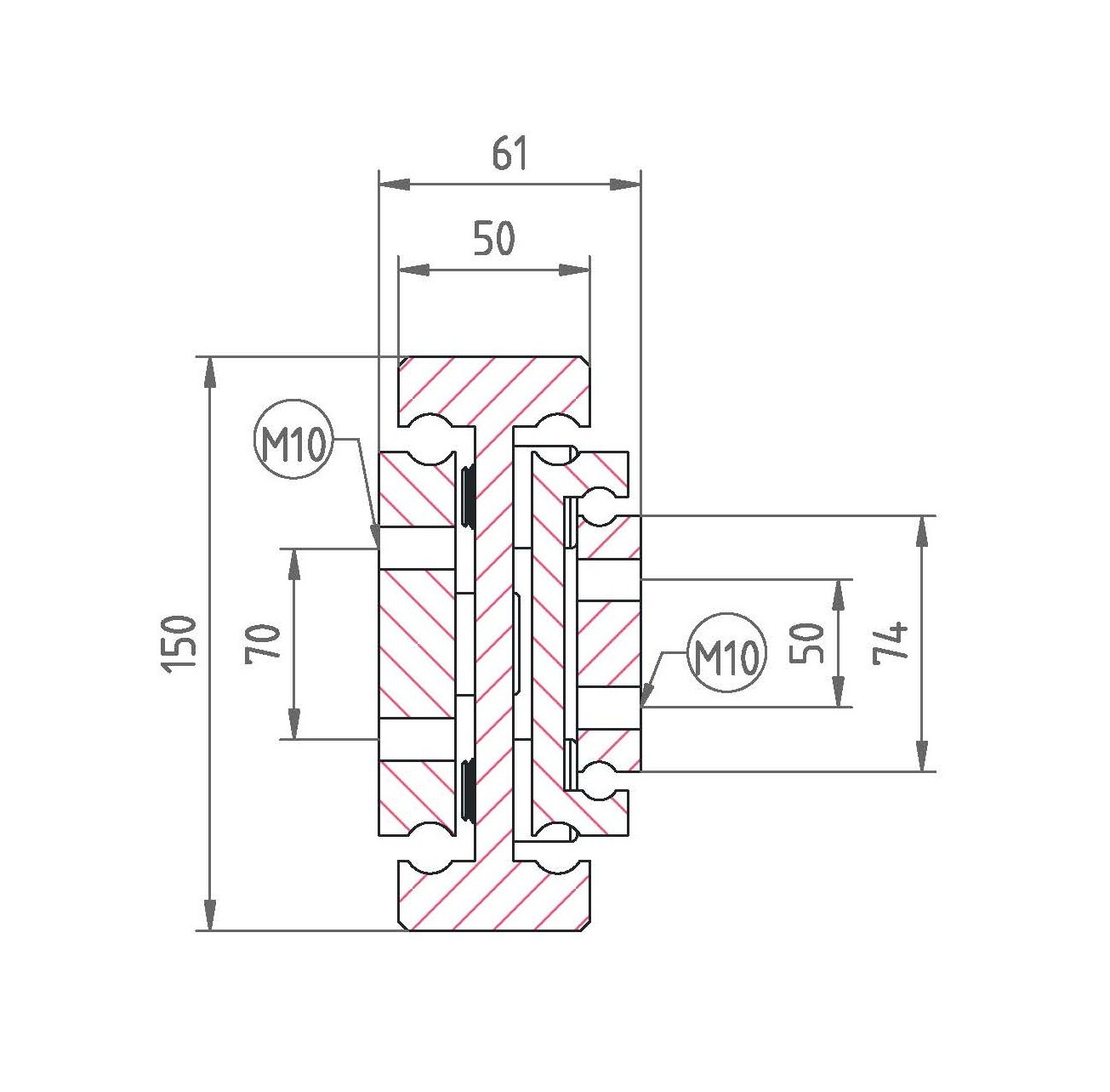 Leschhorn HPTCU 15061-0300-GG-ST Hochpräzise Schwerlast-Teleskopschienen, TC-Profil 150x61, Überauszug 150%, A=450, GG: Gewinde M10/Gewinde M10, Lastwert 1680kg, Stahl verzinkt - LE HPTCU-15061 Profilquerschnitt