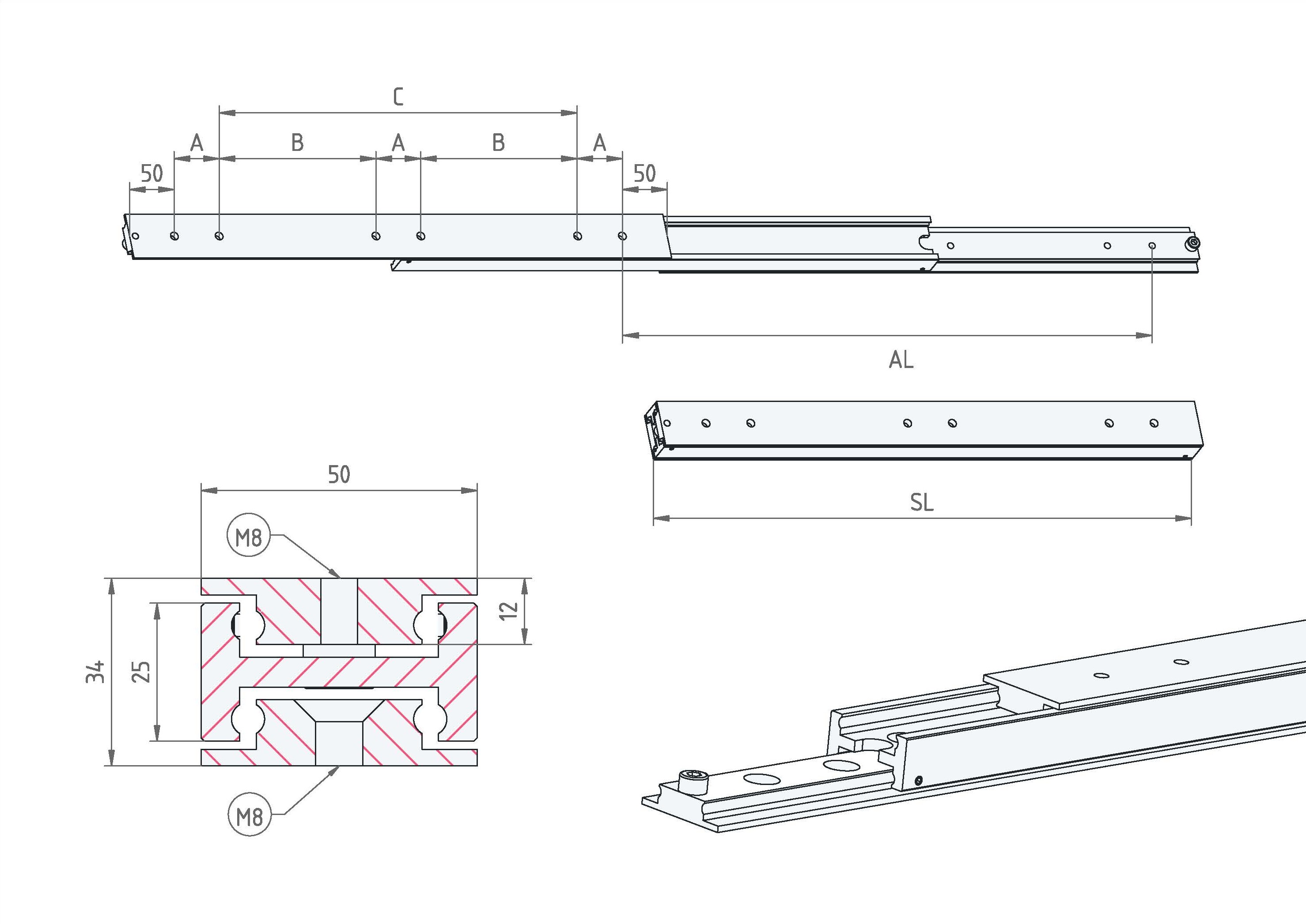 Leschhorn HPHV 3450-0300-GS-ST Hochpräzise Schwerlast-Teleskopschienen, Flachmontage, H-Profil 34x50, Vollauszug, A=300, GS: Gewinde M8/Senkbohrung für M8, Lastwert 180kg, Stahl verzinkt - LE HPHV-3450 Technische Zeichnung