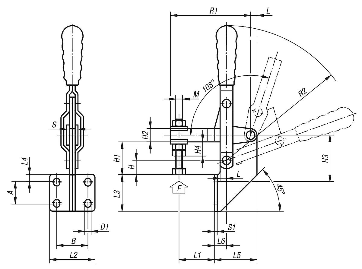 Norelem 05060-05 SCHNELLSPANNER VERTIKAL, MIT ABGEWINKELTEM FUSS, M5X35 - NLM 05060 Schnellspanner vertikal  mit abgewinkeltem Fuss - Massblatt