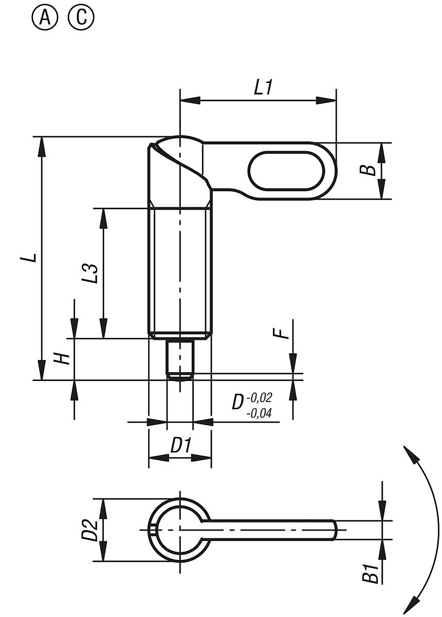 Norelem 03099-0605101 SPERRRIEGEL FORM C, D=5, D1=M10X1 - NLM 03099-AC Sperrriegel Form A und C - Massblatt