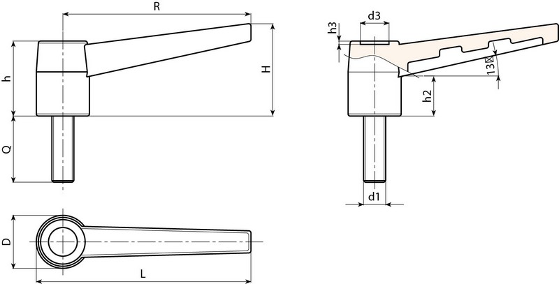 Leschhorn A529 Starre Klemmhebel  R 83; Außengewinde M10x20; schwarz - Boteco A529 Starre Klemmhebel