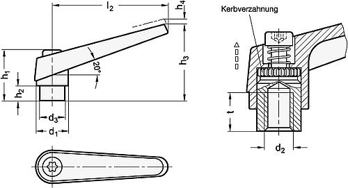 Ganter 101.1-18-M8-SW VERSTELLB. KLEMMHEBEL, EDELSTAHL, SCHWARZ - GN 101-1 Verstellbare Klemmhebel - Zink Druckguss - Buchse Edelstahl-Skizze