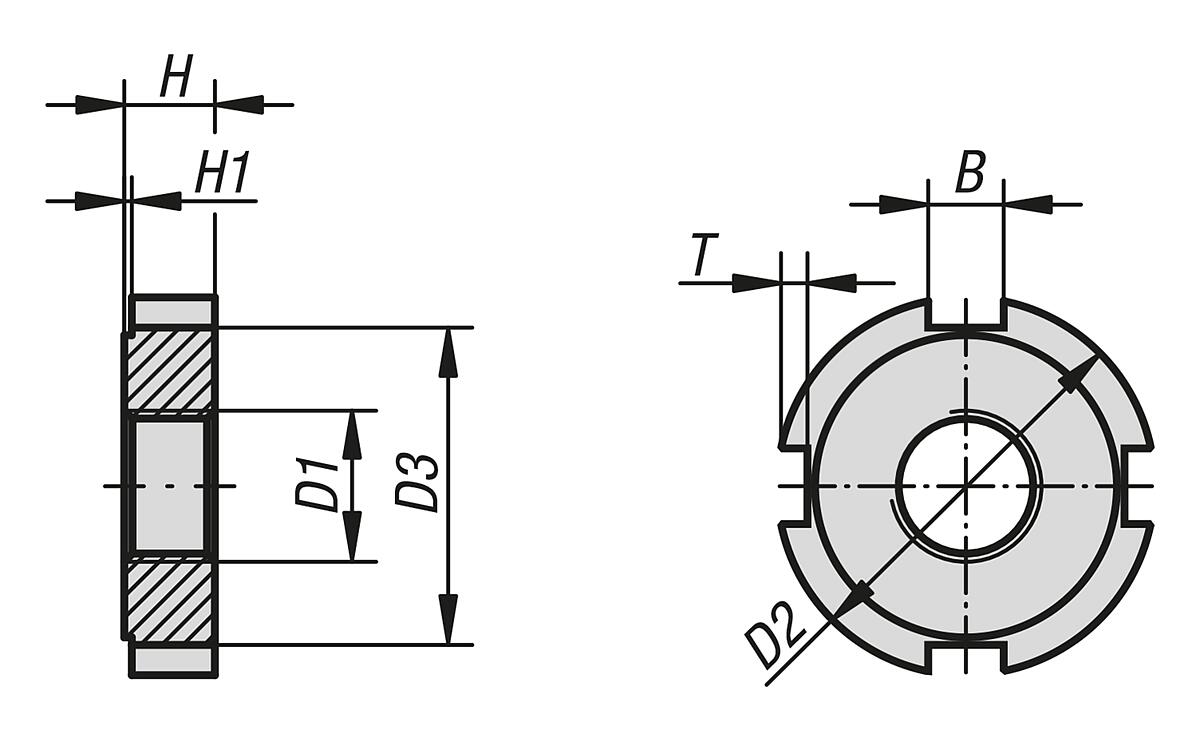 Norelem 07590-124 NUTMUTTER DIN1804 M24X1,5, D2=42, H=9, FORM:W, EINSATZSTAHL BRÜNIERT - NLM 07590 Nutmuttern  DIN 1804 - Stahl oder Edelstahl - Massblatt