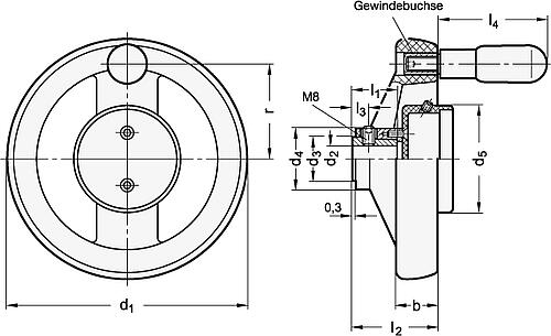 Ganter 522.8-160-B14-A ELESA SPEICHENHANDRAD FÜR STELLUNGSANZ. - GN 522-8 Speichenhandraeder fuer Stellungsanzeiger-Skizze
