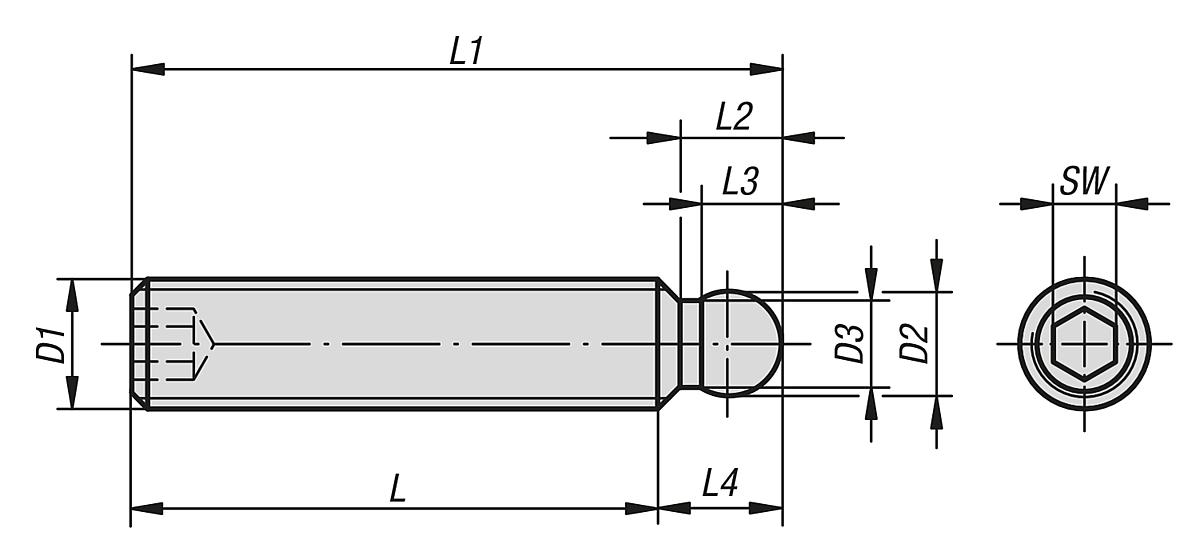 Kipp K0391.10X60 GEWINDESTIFT MIT KUGELDRUCKZAPFEN, D1=M10, L1=60 - K0391 Gewindestifte mit Kugeldruckzapfen - Massblatt