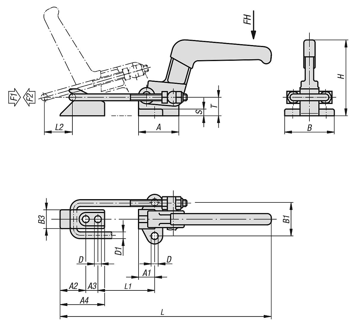 Kipp K0081.1650 BÜGELSPANNER HORIZONTAL, SCHWERE AUSFÜHRUNG, P=1650 DAN - K0081 Buegelspanner horizontal schwere Ausfuehrung mit Gegenhalter - Massblatt