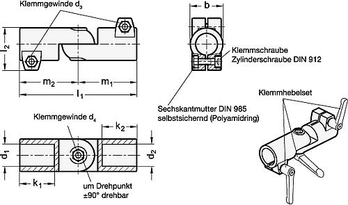 Ganter 286-B48-B50-S-2-BL GELENK KLEMMVERBINDER - GN 286 Gelenk Klemmverbinder - Aluminium-Skizze