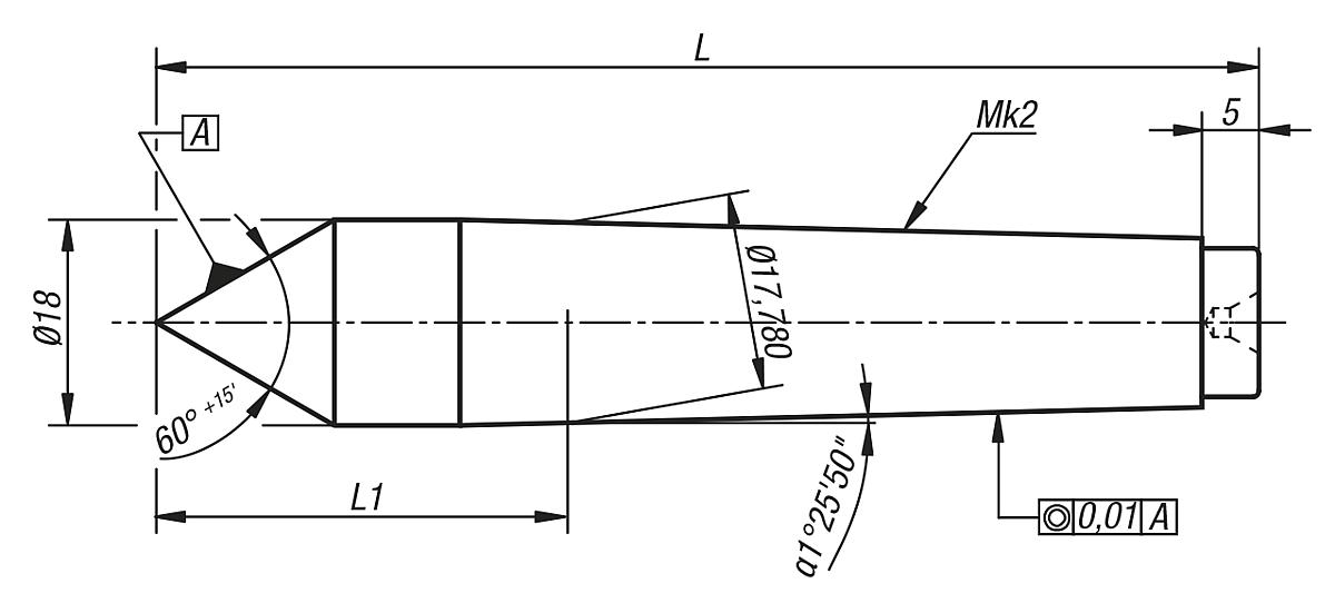 Norelem 33190-02113 FESTSTEHENDE ZENTRIERSPITZE, L = 113 - NLM 33190 Feststehende Zentrierspitzen - Massblatt