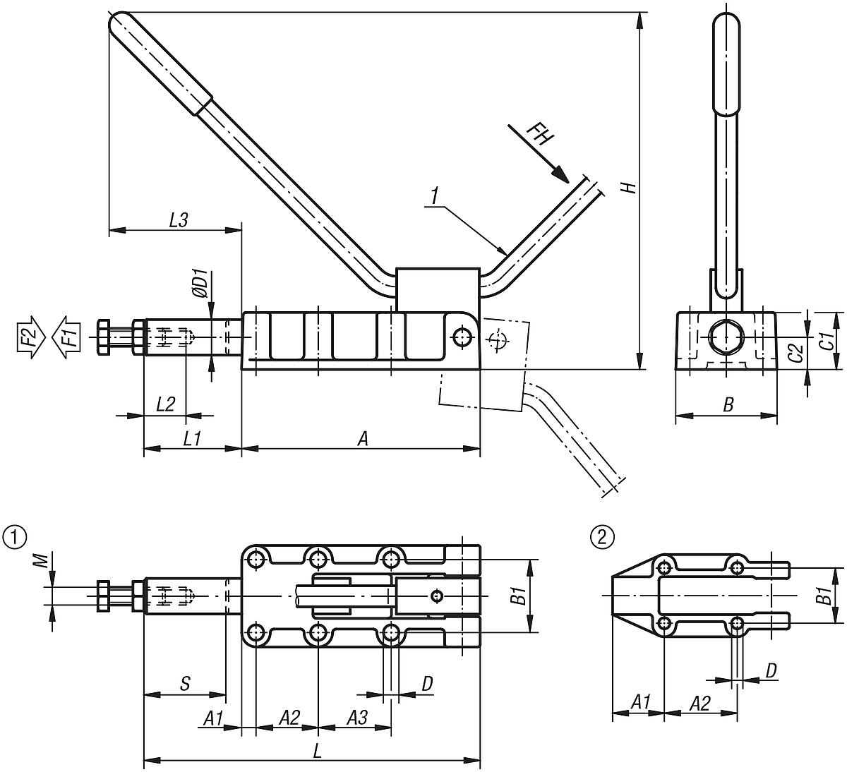 Kipp K0088.2500 SCHUBSTANGENSPANNER, SCHWERE AUSFÜHRUNG, P=2500 daN - K0088 Schubstangenspanner schwere Ausfuehrung mit umsteckbarem Handhebel - Massblatt