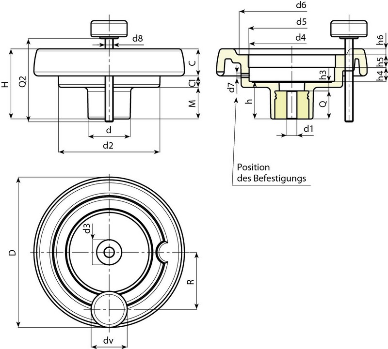 Leschhorn K901 Scheibenhandräder mit Feststellschraube für Positionsanzeigen  D 129; d5 87 (S80/1); d1 6,8 H9 - Boteco K901 Scheibenhandraeder mit Feststellschraube fuer Positionsanzeigen