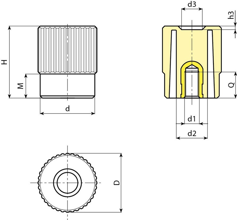 Leschhorn N740 hohe Rändelmutter Gewindebuchse Messing  D 41; d 38; Gewinde d1 M10; Kunststoff PA, schwarz, - LE N740 Hohe Raendelmuttern - Gewindebuchse aus Messing-EcoLine-Massblatt