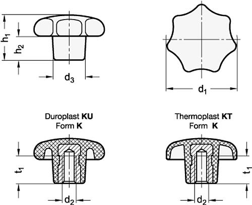 Ganter 6336-KT-25-M5-K-NI Sterngriffe, Kunststoff, Buchse Edelstahl, DIN 6336 - DIN 6336 Sterngriffe - Kunststoff - Buchse Edelstahl-Skizze