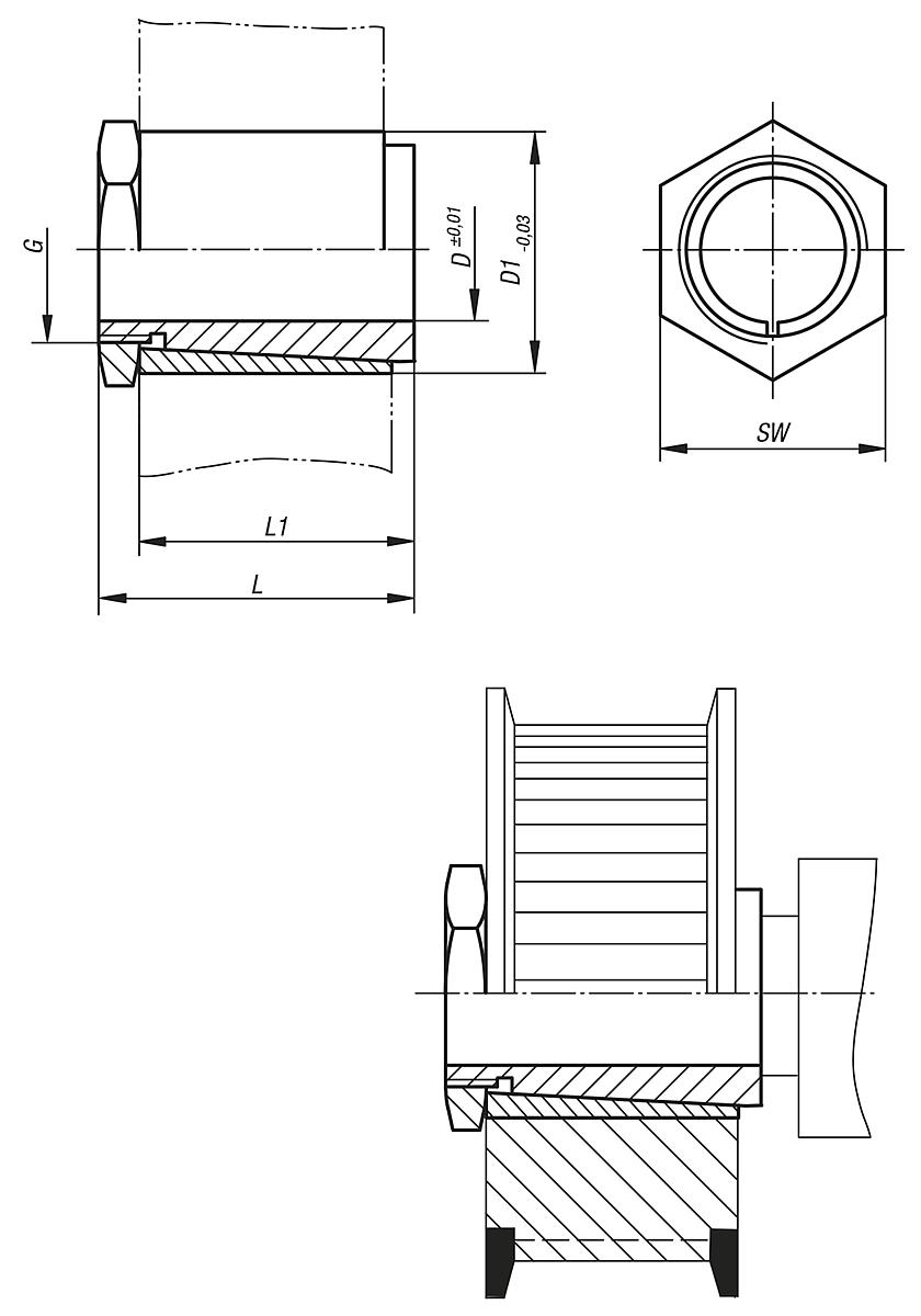 Norelem 23370-063510 WELLE NABE SPANNSATZ EDELSTAHL, D=6,35, D1=10 - NLM 23370 Wellen Nabe Spannsaetze Edelstahl - Massblatt