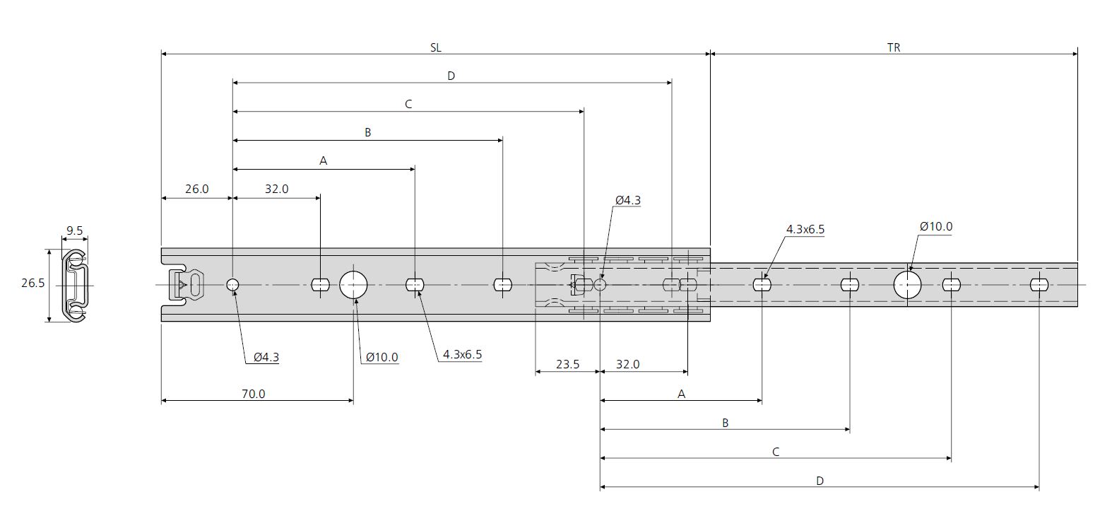Accuride DS2728-0025 Edelstahl Teleskopschienen 75% Teilauszug, 9,5x26,5, SL 250,TR 170, 15kg, Edelstahl - Accuride DS2728 Teleskopschienen - Teilauszug