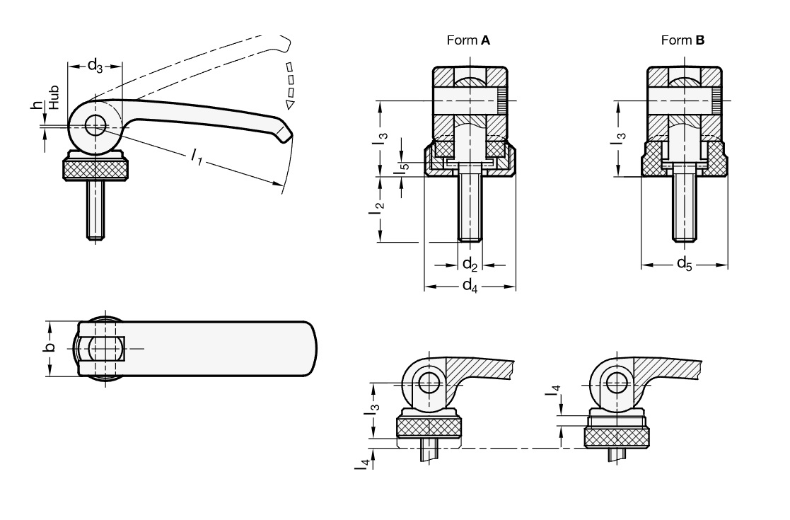 Ganter 927.3-63-M6-30-A Exzenterspanner mit Schraube, Hebel Stahl - GN-927-3-Exzenterspanner-mit-Schraube-Hebel-Stahl-Kunststoff-Auflagescheibe-Skizze
