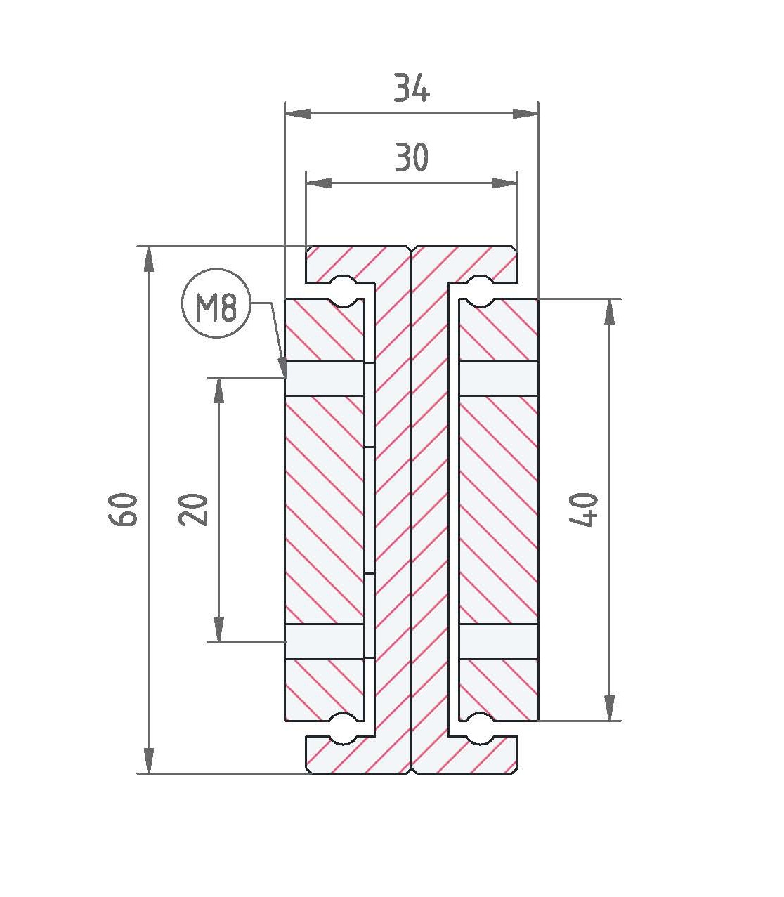Leschhorn HPCCV 6034-0200-GG-ST Hochpräzise Schwerlast-Teleskopschienen, CC-Profil 60x34, Vollauszug, A=200, GG: Gewinde M8/Gewinde M8, Lastwert 495kg, Stahl verzinkt - LE HPCCV-6034 Profilquerschnitt