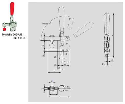 DESTACO 202-B Vertikal-Kniehebelspanner Haltekraft 1100 N - 2000 N, Öffnungswinkel 100° - 105° - 202-UB 202-UB-LS Vertikalspanner - U-Spannarm - Fuss gerade - offener Spannarm - ohne Spindel