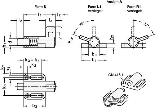 Ganter 416-10-38-L1 Federriegel mit Anschraubflansch - GN 416 Federriegel mit Anschraubflansch-Abbildung