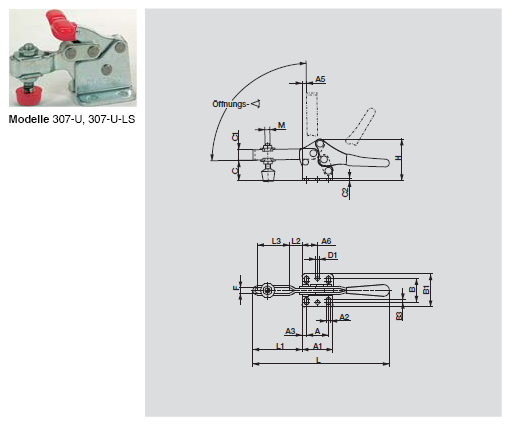 DESTACO 307-U Horizontalspanner Haltekraft 1500N, Öffnungswinkel 90° - 307-U U-LS Horizontalspanner - U- Spannarm - Fuss abgewinkelt