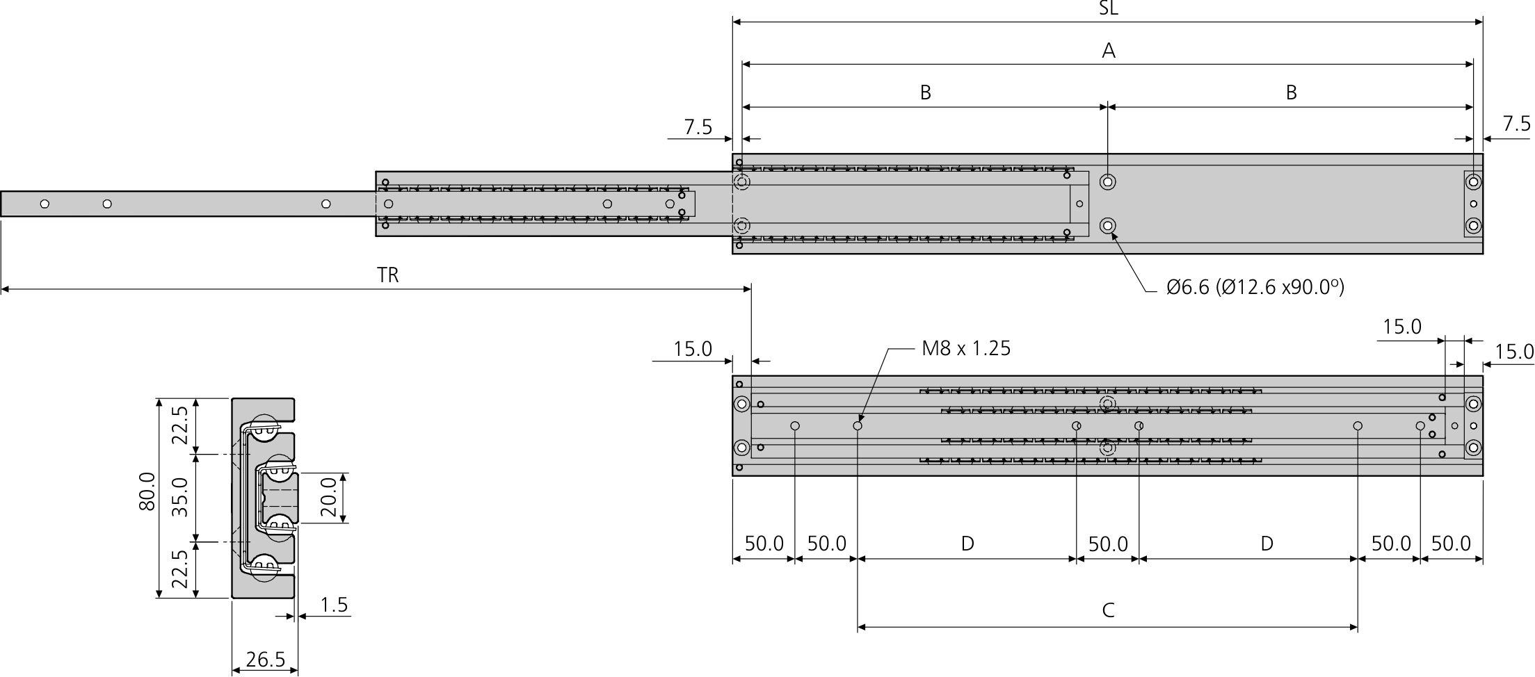 Accuride DA4160-0030-A Aluminium Schwerlast Teleskopschienen 100% Vollauszug, 26,5x80, SL 300, TR 300, 240kg - DA 4160 Accuride Teleskopschiene technische Zeichn