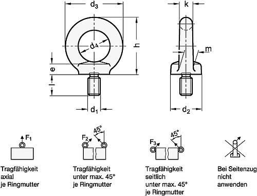Ganter 580-M6-ST RINGSCHRAUBE DIN 580, VERZINKT - DIN 580 Ringschrauben - Stahl-Skizze