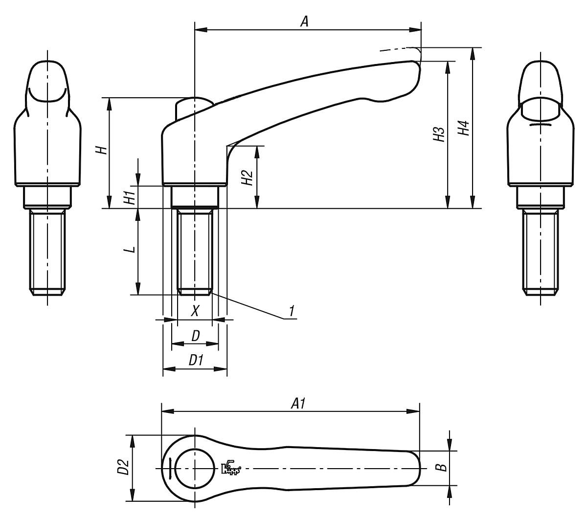 Kipp K0124.9206X30 KLEMMHEBEL EDELSTAHL GR.2 M6x30 MIT SCHUTZKAPPE - K0124 Klemmhebel Edelstahl mit Schutzkappe mit Aussengewinde - Massblatt