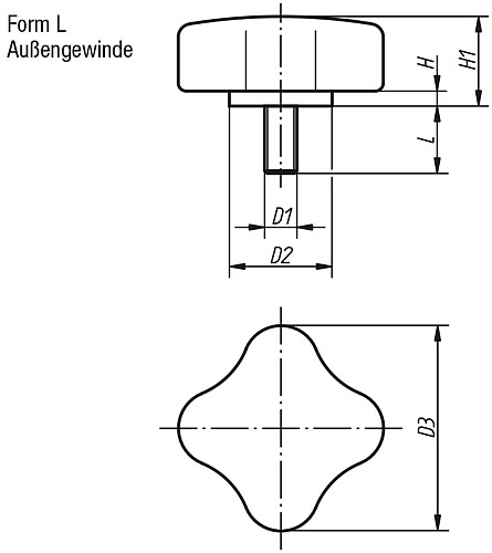 Kipp K0278.5006X20 ST VIERSTERNGRIFF FLACH, D3=50,8, M6X20 - KIPP K0278-AG Viersterngriffe flach mit Aussengewin