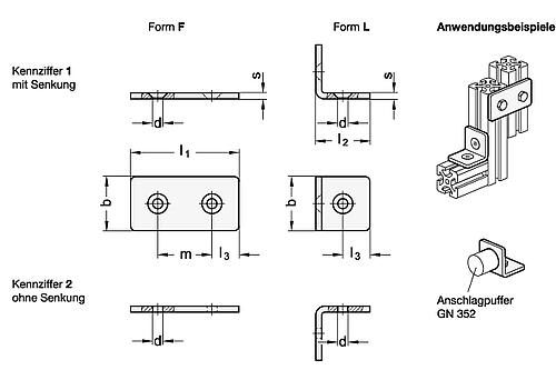 Ganter 967-40-80-F-1-ZB Winkel, Laschen, Stahlblech, für Profilsysteme - GN-967-Winkel-Laschen-Skizze