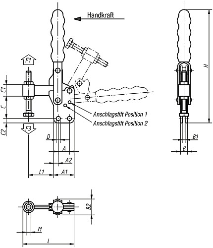 Kipp K0056.0150 SCHNELLSPANNER VERTIKAL, MIT SENKRECHTEM FUSS, P=150 daN - KIPP K0056 Schnellspanner vertikal mit senkrechte