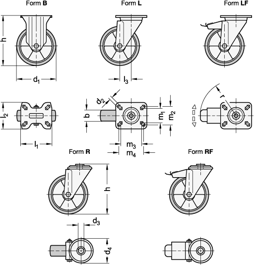 Ganter 22885-100-K-B-L-ST  Transportrollen, Laufbelag Polyurethan, Radkörper Aluminium, leichte Ausführung, Raddurchmesser d1: 100, Lagerart: K - Kugellager, Form (Gehäuse): B - Bockrolle - GN 22885 Transportrollen-Laufbelag Polyurethan-Radkoerper Aluminium-leichte Ausfuehrung-Massblatt