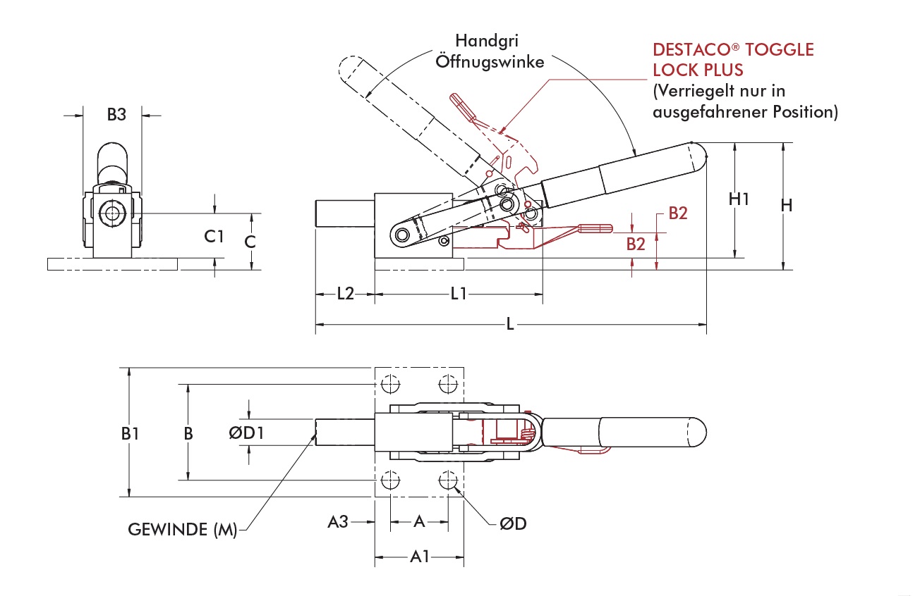 DESTACO 5130 Schubstangenspanner Haltekraft 25800 N, ½-13 , Hub 44,5  Handgriff Öffnungswinkel 125° - DESTACO 5130/5131/5133 Serie Schubstangenspanner bis Haltekraft 25800N_Massblatt