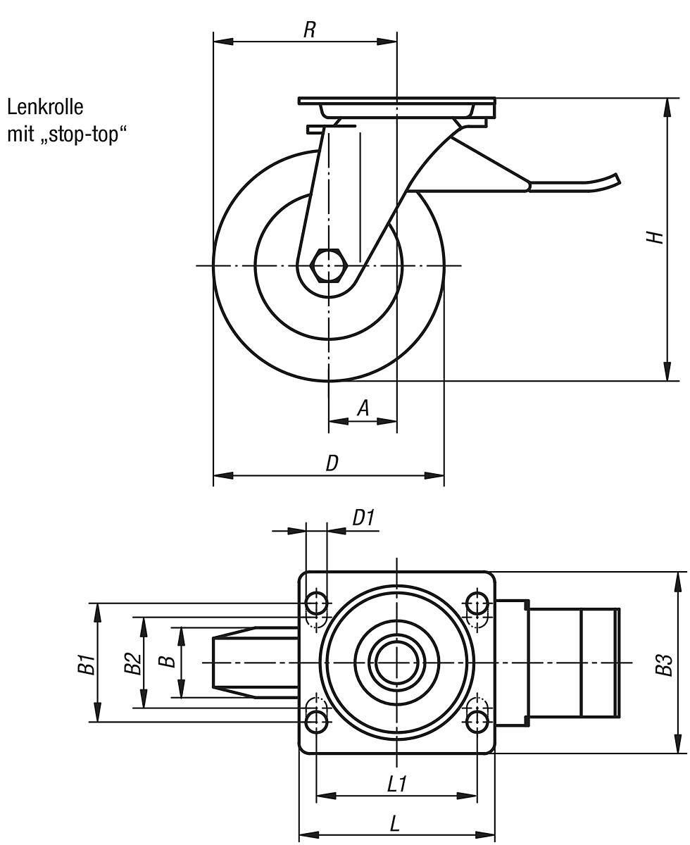 Norelem 95028-160502 Lenkrolle mit stop top - NLM 95028-LST Lenkrolle mit stop top - Massblatt