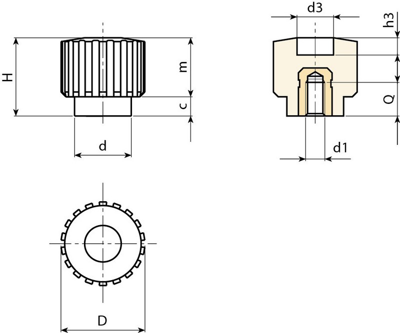 Leschhorn H770 Rändelmuttern  D 17,5; d 12; Gewinde d1 M5; Kunststoff PA, schwarz, - Boteco H770 Raendelmuttern