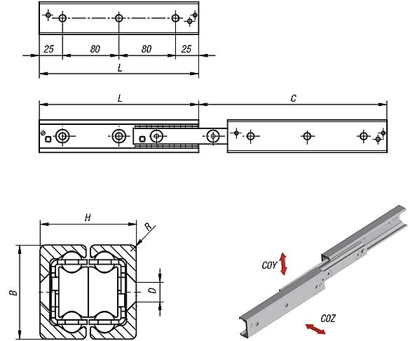 Leschhorn HPDTA 28-210 Doppelanordnung Teleskopschienen, Lastwert Cy= 444 N, Länge= 210, Hub= 232 mm, Senkbohrung 5,5;  Profil 28x26, Material Schiene und Läufer Wälzlagerstahl. - HPDTA 28-210 TZ-Doppelanordnung Hochpraezise Teleskopschienen