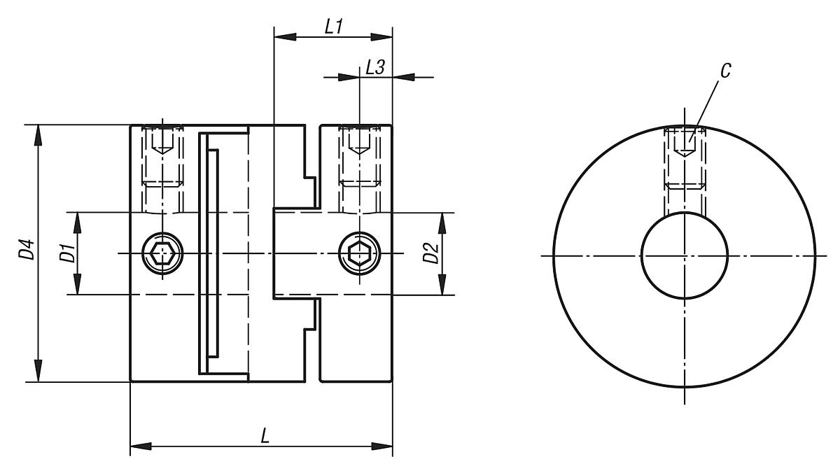 Norelem 23032-0025 KREUZSCHIEBERKUPPLUNG GR.25, VORGEBOHRT  D1+D2=5 - NLM 23032 Kreuzschieberkupplungen Klemmung mit Gewindestift - Massblatt