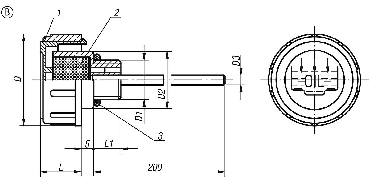 Norelem 28054-2411815 ENTLÜFTUNGSSCHRAUBE FORM B, D=41, D1=M18X1,5 - NLM 28054-B Entlueftungsschrauben mit OElmessstab Form B - Massblatt