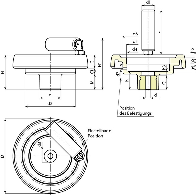 Leschhorn K904 Scheibenhandräder mit Griff für Positionsanzeigen  D 175; d5 87 (S80/1); d1 16 H7 - Boteco K904 Speichenhandraeder mit Griff fuer Positionsanzeigen