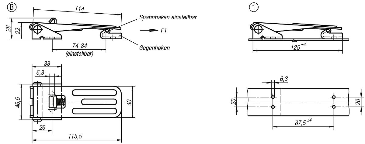 Kipp KIPP K0049.2631161 SPANNVERSCHLUSS EINSTELLBAR, FORM B, STAHL - K0049-SVB Spannverschluesse einstellbar Anschraubbohrungen verdeckt Form B - Massblatt