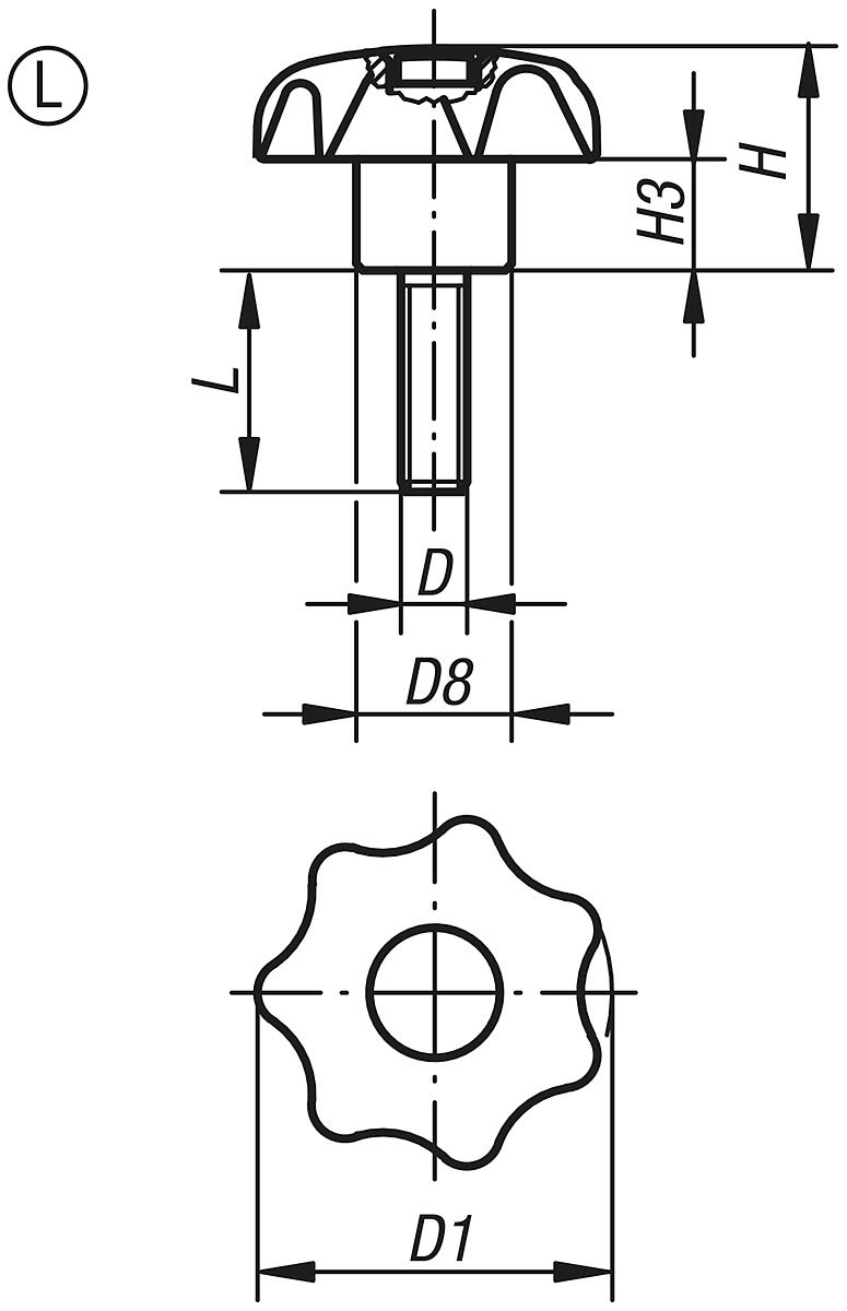 Norelem 06212-4107X40 STERNGRIFF D1=50  M10X40      EDELSTAHL, FORM L, DECKEL RAPSGELB - NLM 06212-L Sterngriffe aehnlich DIN 6336 Stahlteile Edelstahl - Aussengewinde - Form L - Massblatt