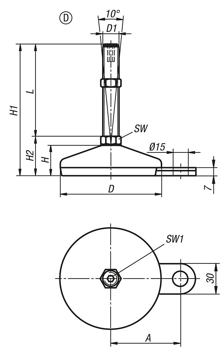 Kipp K0739.4206016X75 STELLFUß MIT INNENSECHSKANT, FORM:D M16X75, D=60, EDELSTAHL, KOMP:GUMMI - K0739-D Stellfuesse Stahl oder Edelstahl Form D - Massblatt