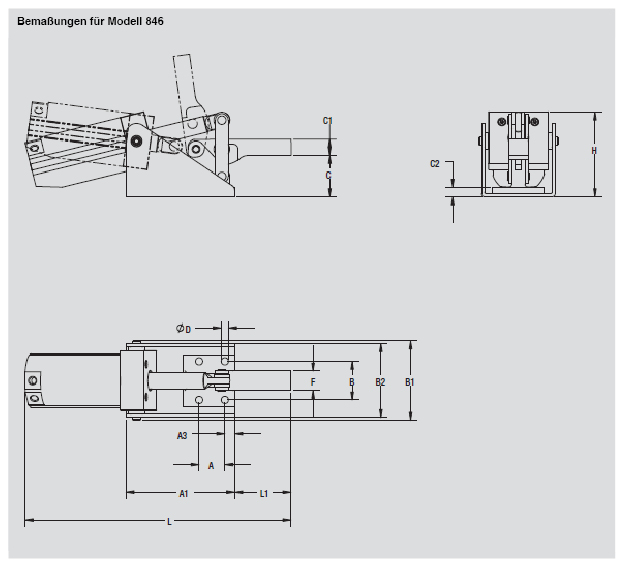 DESTACO 846 Standard Kraftspanner Haltekraft 3340 N; horizontaler Zylinder  Massiver-Spannarm (Sensor 8EA-109-1 separat bestellen) - 846 Standard Kraftspanner