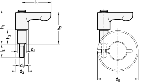 Ganter 311-22-M3-7-SW  Verstellbare Klemmhebel, Zink-Druckguss, Schraube Edelstahl, für Stellringe, l1: 22, d1: M 3, h2: 7 - GN 311 Verstellbare Klemmhebel-Zink-Druckguss-Schraube Edelstahl-fuer Stellringe-Massblatt