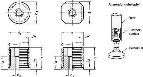 Ganter 992-V50-M12 EINSTECKBUCHSE FÜR VIERKANTROHR - GN 992 Einsteckbuchsen - Aluminium-Skizze