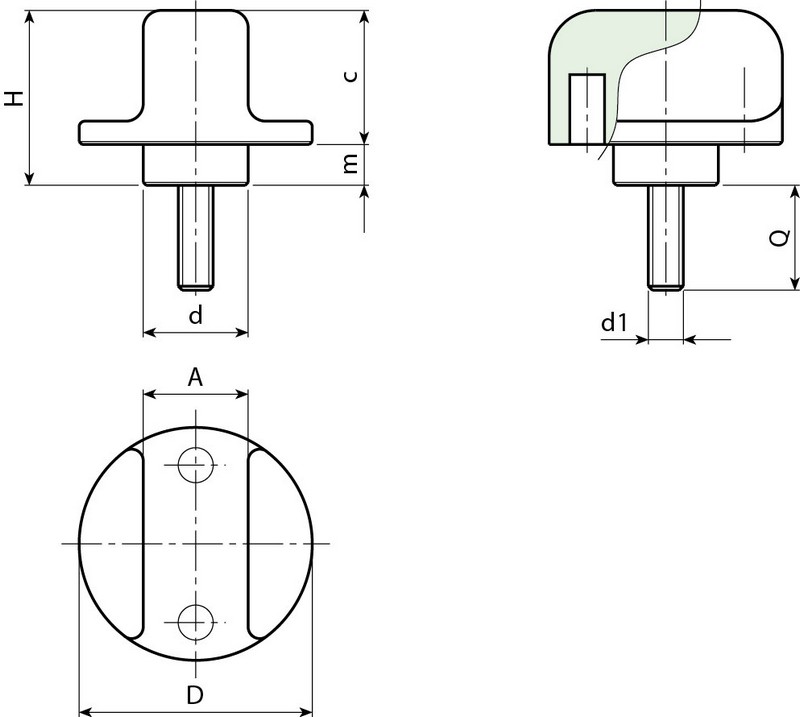 Leschhorn G795 Kugelgriff mit Gewindestift  D 25; d 12; Gewinde d1 M05; Kunststoff PA, schwarz - Boteco G795 Kugelgriff mit Gewindestift