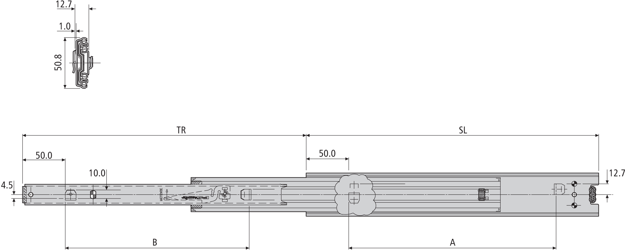 Accuride DZ3320-5045 Teleskopschienen 100% + Überauszug, 12,7x50,8, SL 450, TR 473, 60kg, hell verzinkt - 3320 Accuride Teleskopschiene technische Zeichnung