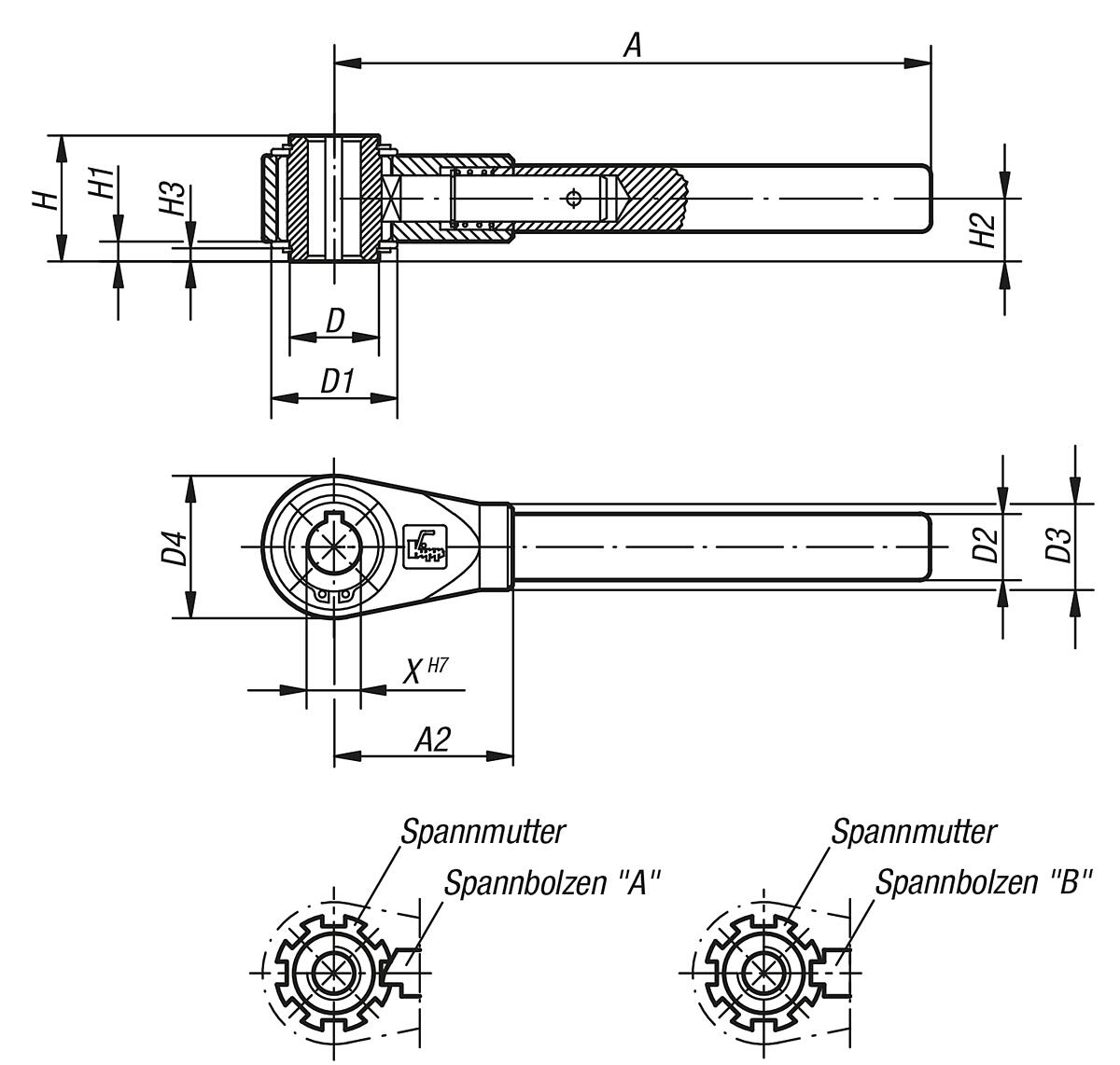 Kipp K0128.414 SPANNER GR.2  PASSBOHRUNG 14H7 - K0128-PB Spanner mit Passbohrung - Massblatt