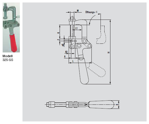 DESTACO 325 Spannzange Stationär Haltekraft 3600N, Öffnungswinkel 90° - 325 Spannzange Stationaer - Edelstahlausfuehrung