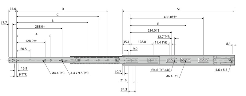 Accuride DZ3832-0035EC-D Teleskopschienen mit Soft-Close, 100% Vollauszug, 12,7x45,7, SL 350,TR 310, 43kg, hell verzinkt - Accuride 3832EC-D Teleskopschienen mit Easy Soft-Close - Vollauszug - 12 7x45 7 - bis 45kg - Skizze