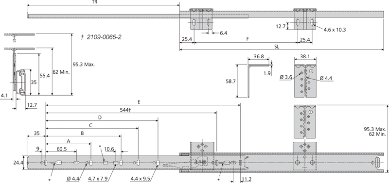 Accuride DZ2109-0065-2 Teleskopschienen 75% Teilauszug, 12,7x35, SL 650,TR 488, 20kg, hell verzinkt - 2109 Accuride Teleskopschiene technische Zeichnung