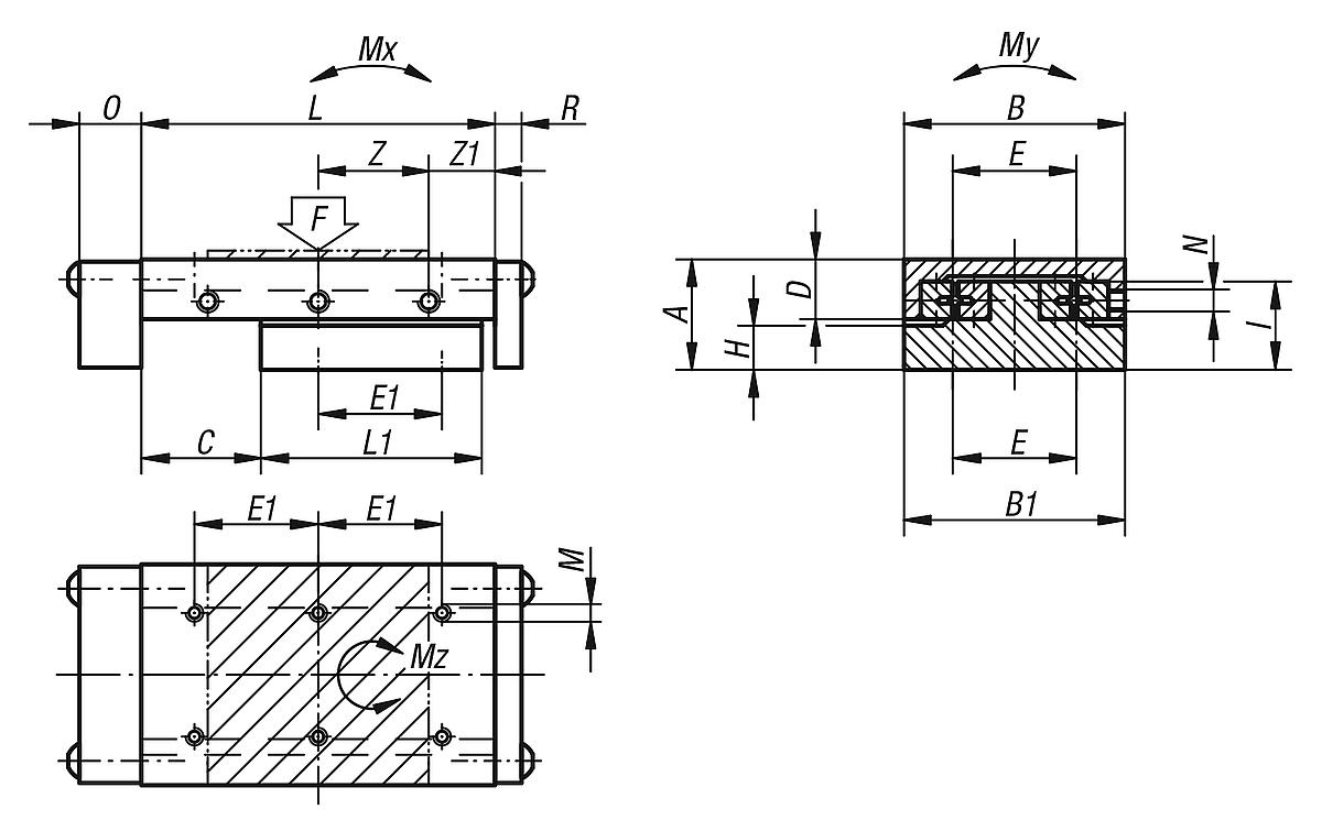 Norelem 21038-040090 PRÄZISIONS SCHLITTENFÜHRUNG, ROLLENGELAGERT, B=40, L=90 - NLM 21038 Praezisions Schlittenfuehrungen  rollengelagert mit Endplatten - Massblatt